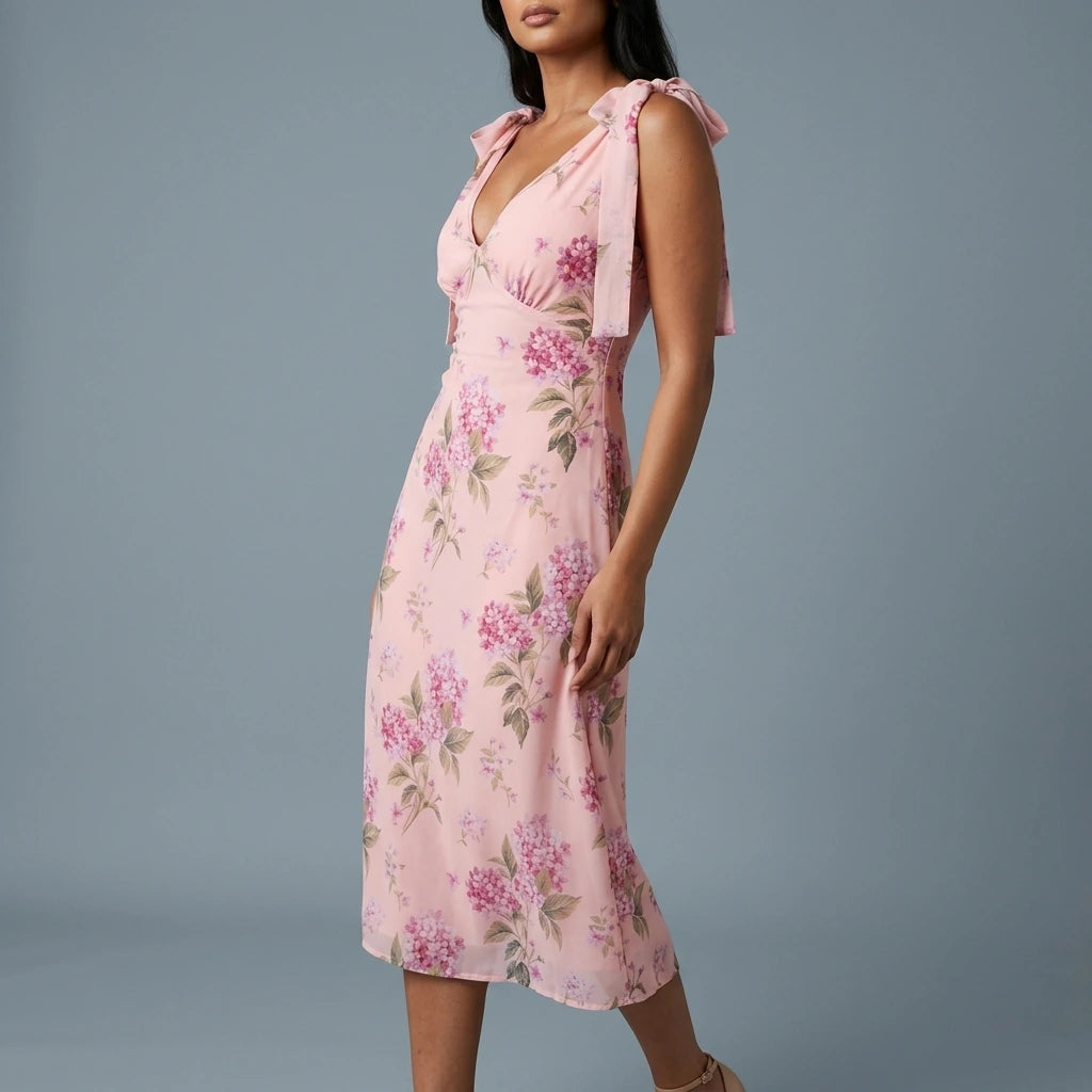Beverly Floral Tie Shoulder Midi Dress Pink — variant_front