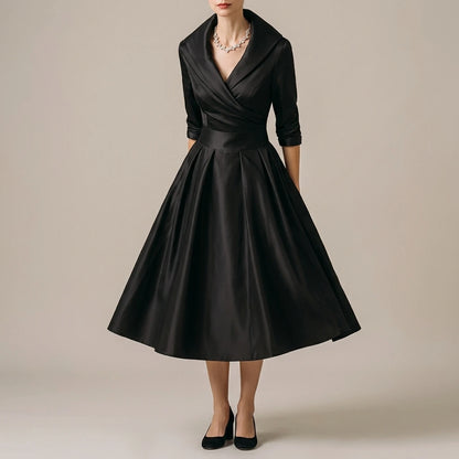 Elegant A-Line Midi Dress with Wrap Bodice and Full Skirt — variant_front