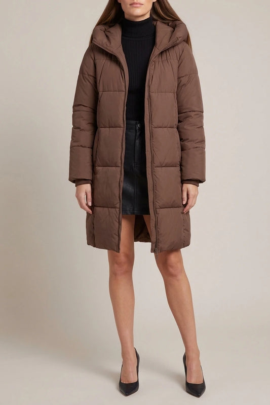 Khaki Hooded Puffer Coat Knee Length — variant_front