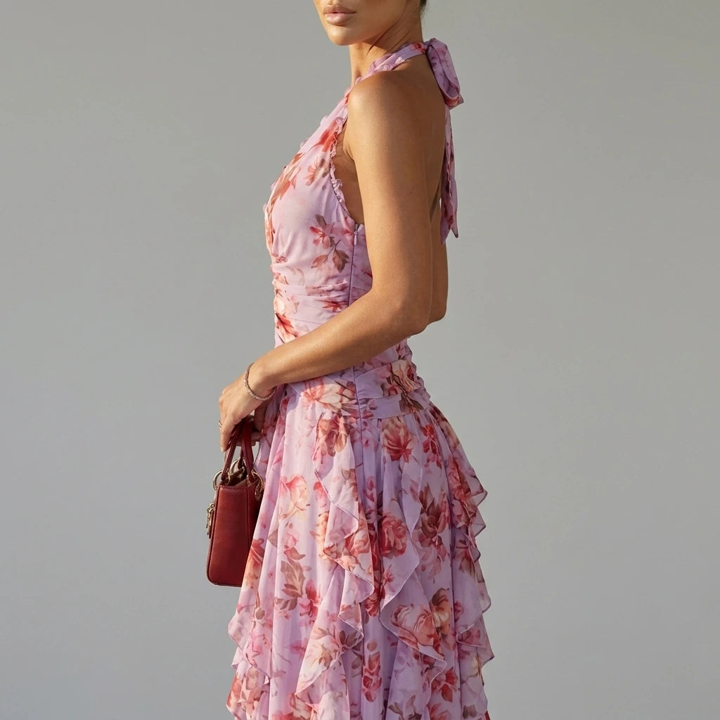 Belladina – Romantic rose cascade – Halter maxi dress — variant_front