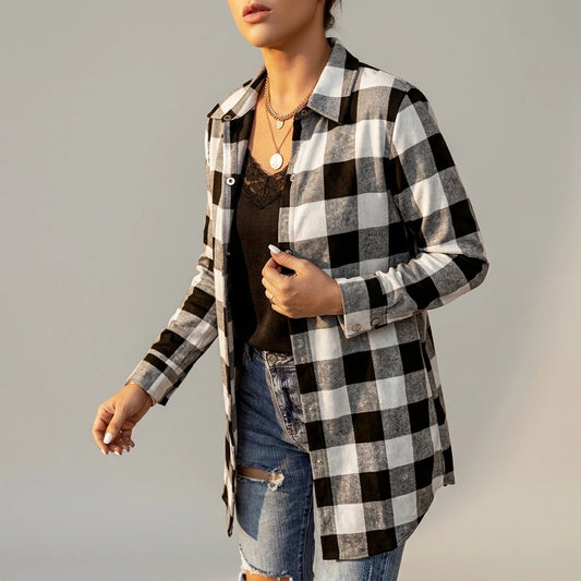 Women's Plaid Print Button Front Shirt - Suede/PU Polyester, Lapel Collar, Long Sleeve - Spring & Fall Elegant Shirting | Machine Washable | Woven Fabric — variant_front