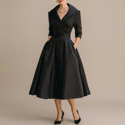 Elegant A-Line Midi Dress with Wrap Bodice and Full Skirt — variant_front