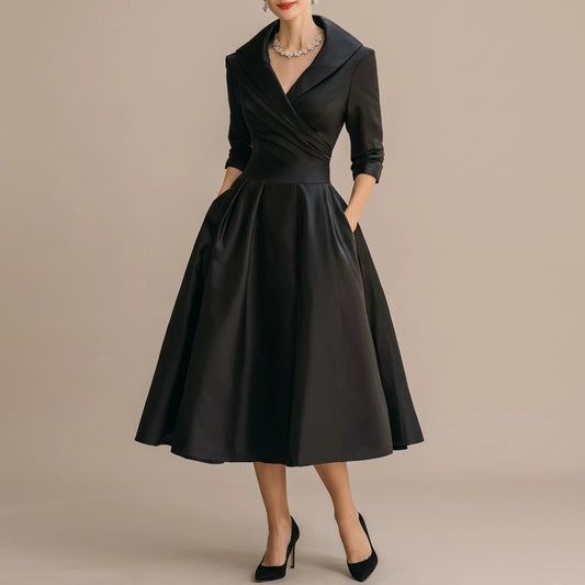 Elegant A-Line Midi Dress with Wrap Bodice and Full Skirt — variant_front