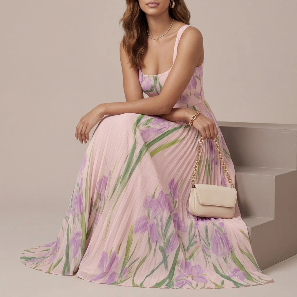 Vivienna – Watercolour floral – Pleated maxi dress — variant_front
