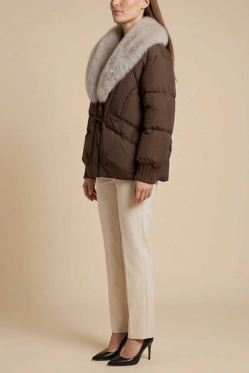 Brown Puffer Jacket Faux Fur Collar — variant_front