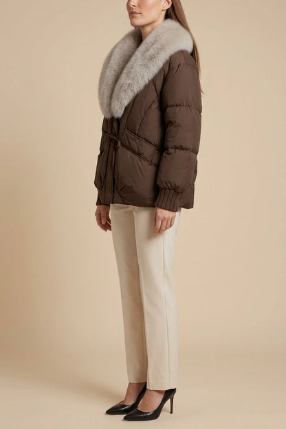 Brown Puffer Jacket Faux Fur Collar — variant_front