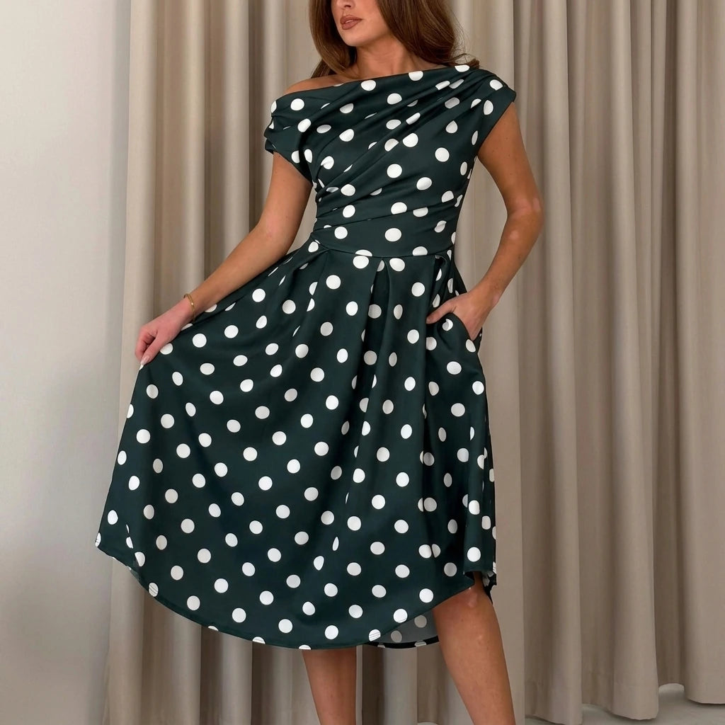 Betty Asymmetric Neckline Skater Midi Green Polka — variant_front