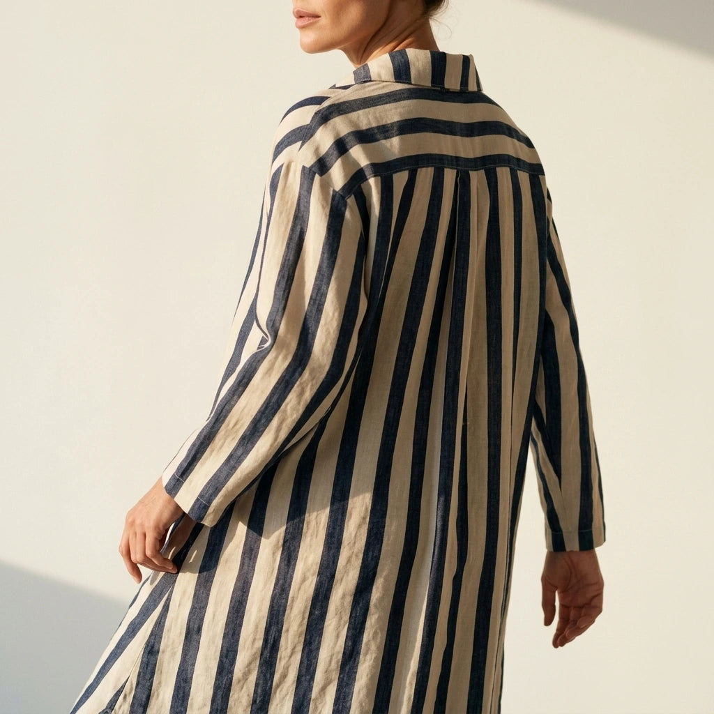 Relaxed Striped Linen Maxi Dress with Collar and Long Sleeves — variant_front