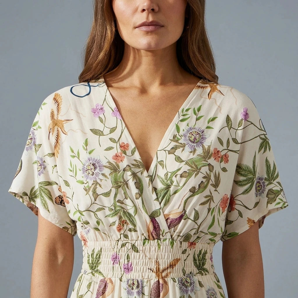 Yumi Ivory Floral Print Ruched Waist Midi Dress With Kimono Sleeves — variant_front