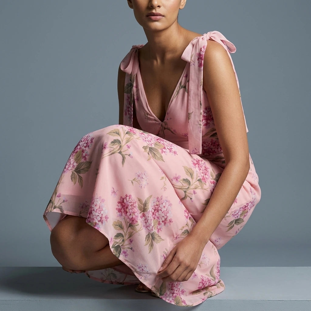 Beverly Floral Tie Shoulder Midi Dress Pink — variant_front