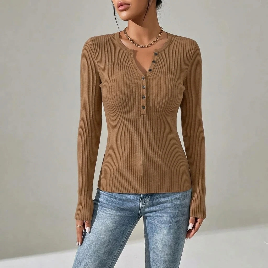 2026 Western Style Henley Collar Half-Button Sweater, Vertical Ribbed Waist-Defining Long Sleeve Versatile Inner Layer Base Top — variant_front