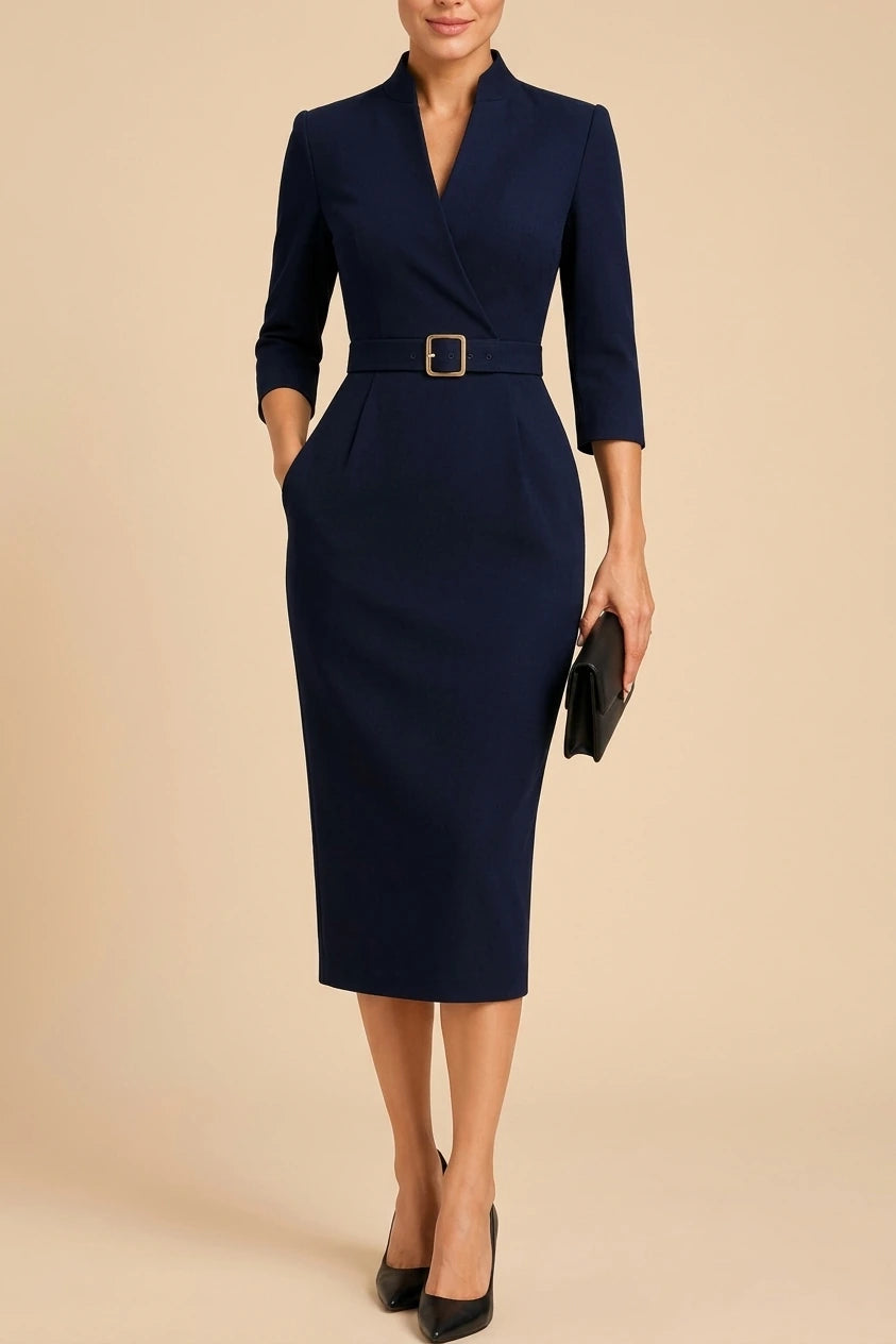 Elegant Fitted Midi Dress with Belt for Women — variant_front