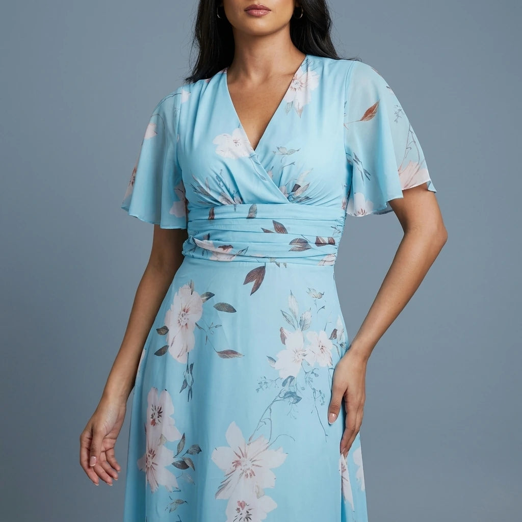 Pari Wrap Neck Pleated Waist Maxi Dress Sky Floral — variant_front