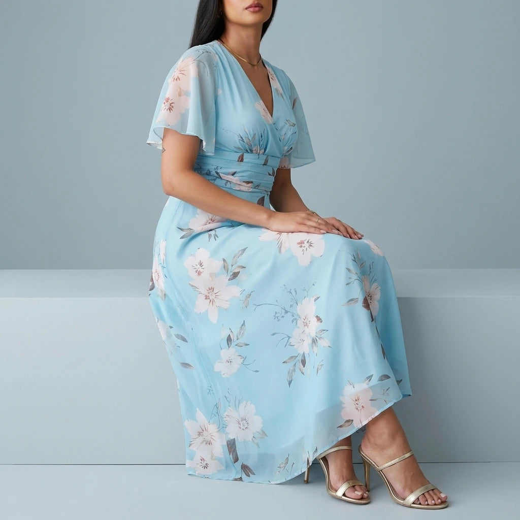 Pari Wrap Neck Pleated Waist Maxi Dress Sky Floral — variant_front