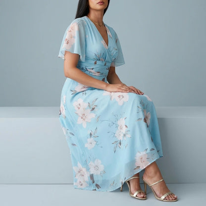Pari Wrap Neck Pleated Waist Maxi Dress Sky Floral — variant_front