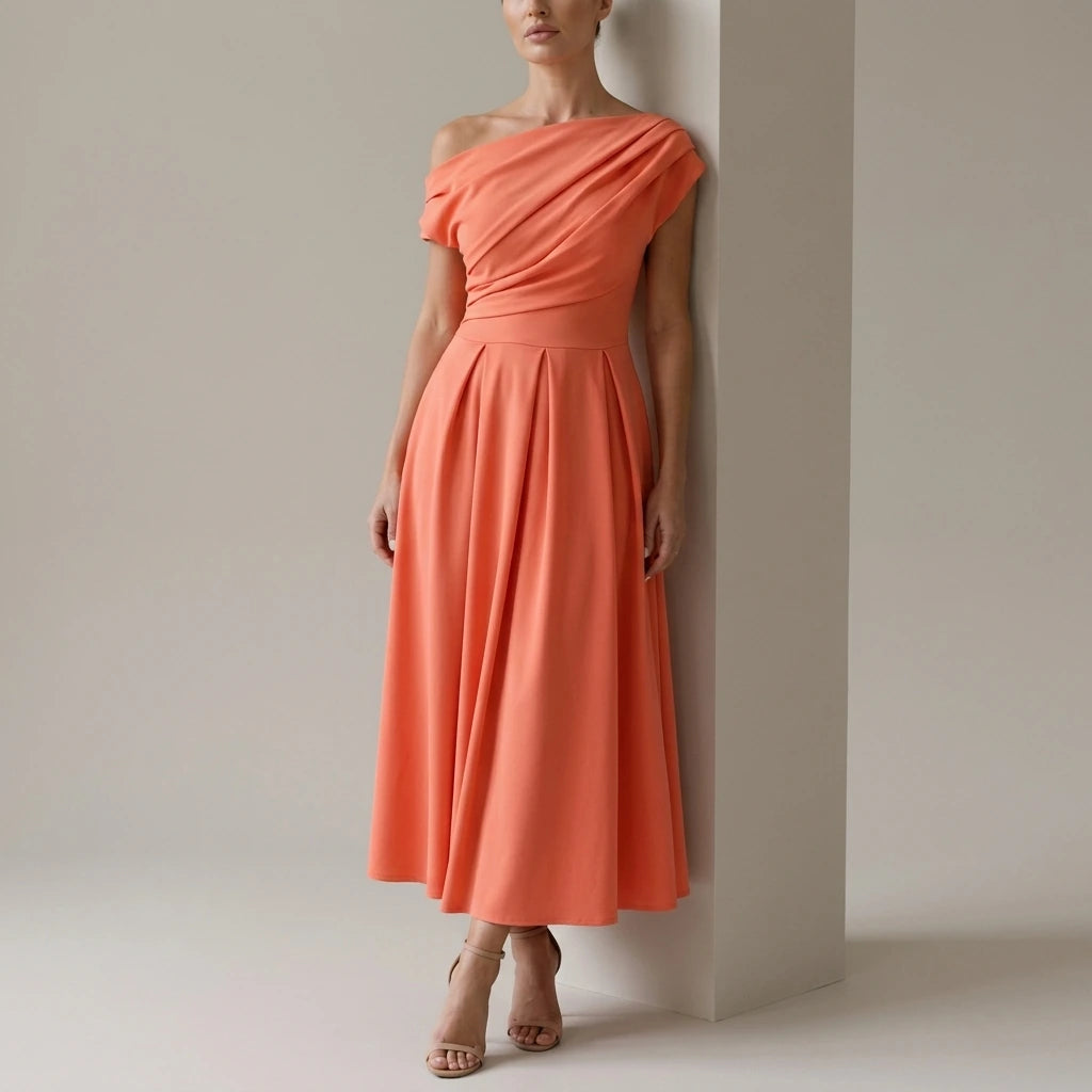 Dollie Asymmetric Neckline Skater Midi Dress Peach Coral — variant_front