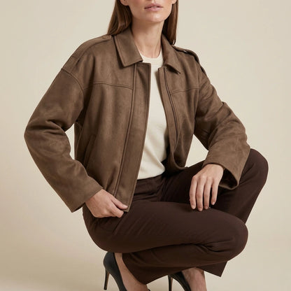 Brown Suede Look Bomber Jacket Zip Front Casual — variant_front