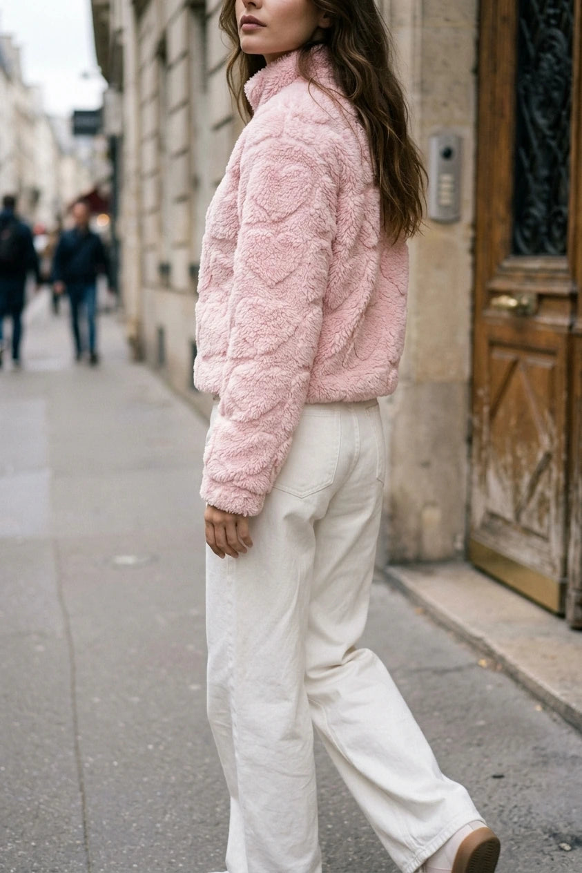 Pink Heart Teddy Fleece Zip Up Jacket — variant_front