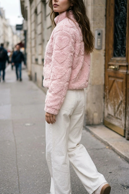 Pink Heart Teddy Fleece Zip Up Jacket — variant_front