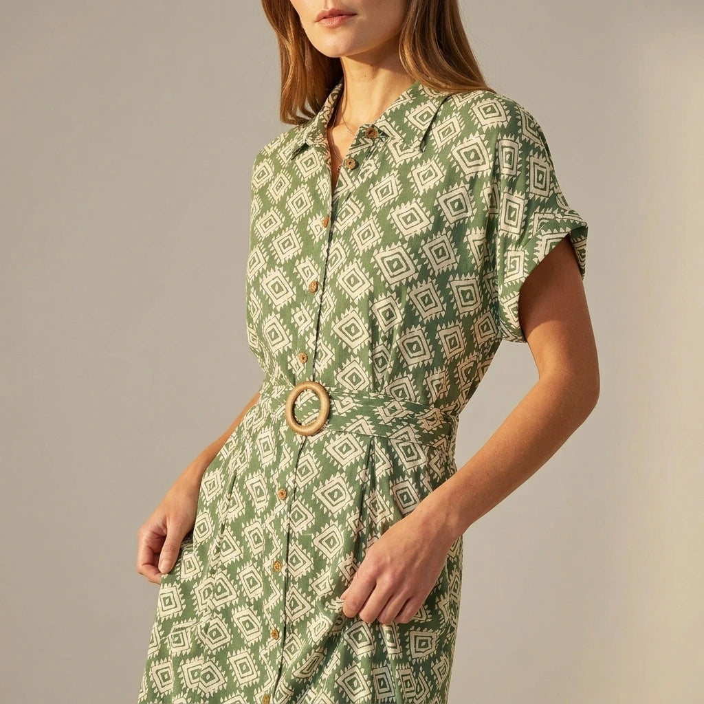 Yumi Green Viscose Midi Shirt Dress With Matching Belt — variant_front