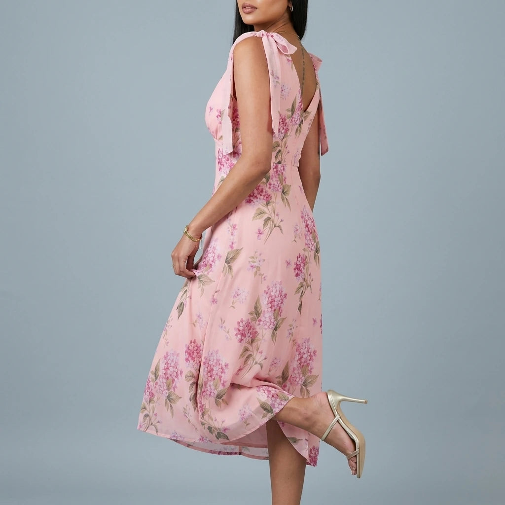 Beverly Floral Tie Shoulder Midi Dress Pink — variant_front