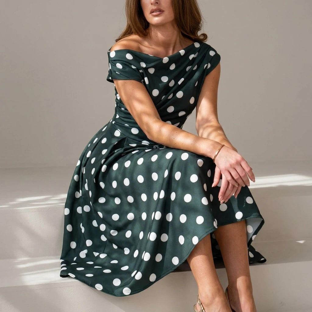 Betty Asymmetric Neckline Skater Midi Green Polka — variant_front
