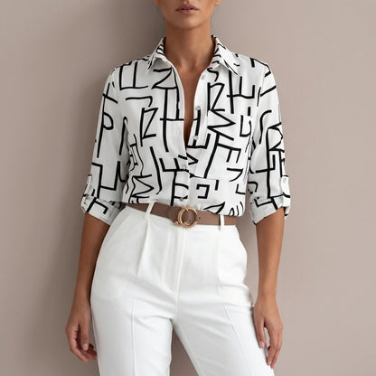Relaxed Printed Shirt with Classic Collar and Roll Up Sleeves — variant_front