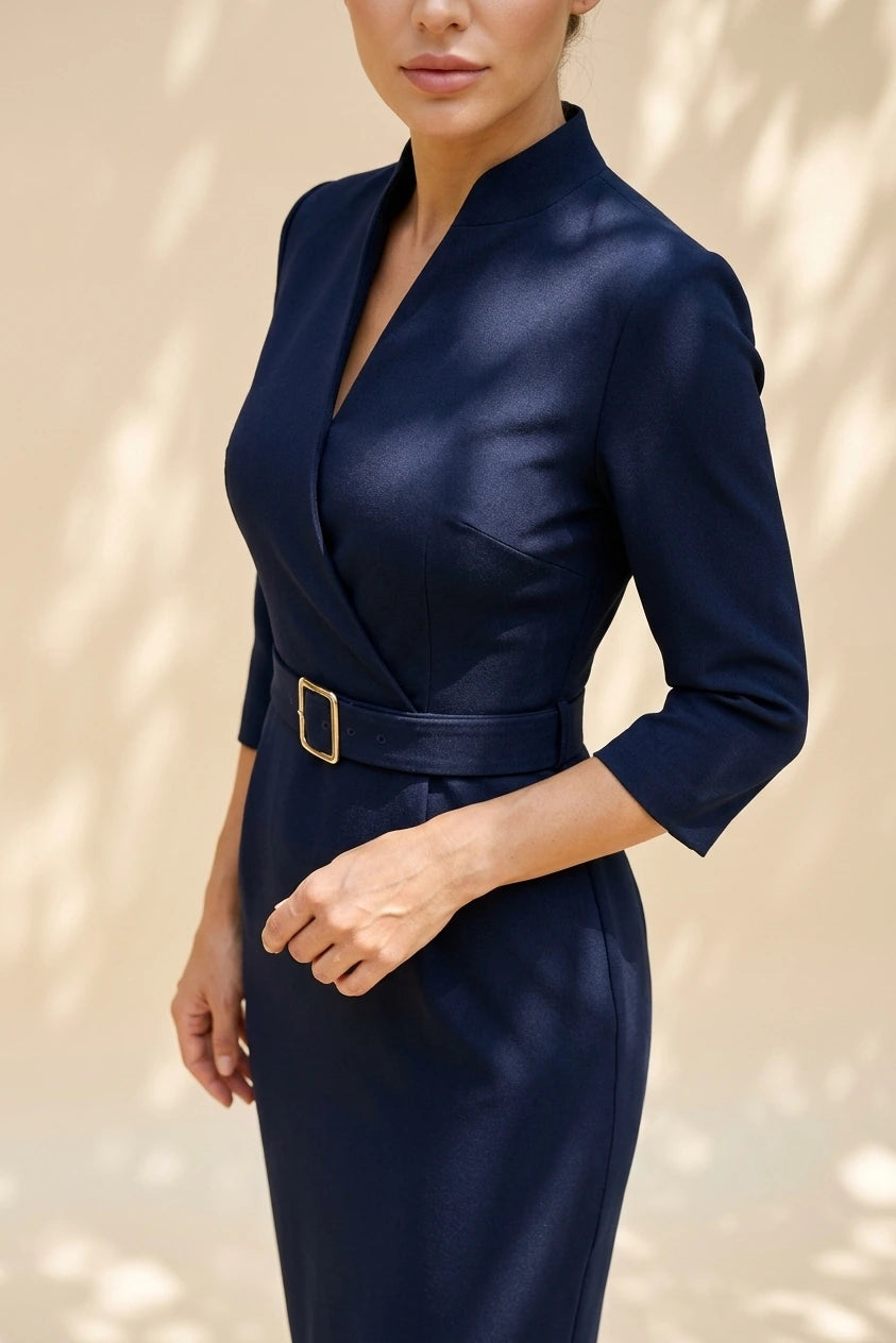 Elegant Fitted Midi Dress with Belt for Women — variant_front