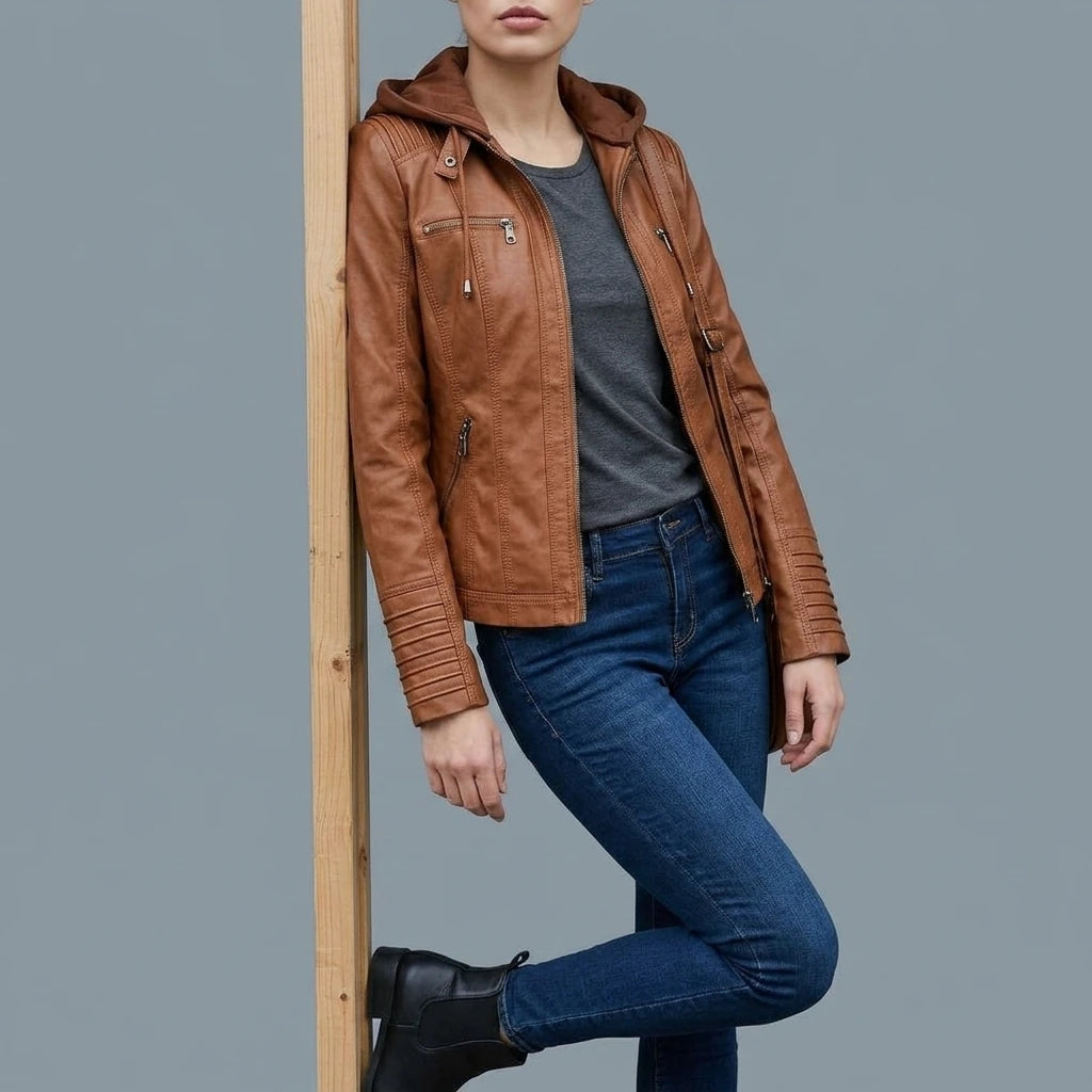 Leather Biker Jacket with Removable Hood and Zip Detail — variant_front