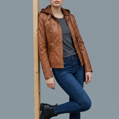 Leather Biker Jacket with Removable Hood and Zip Detail — variant_front