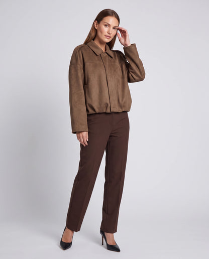 Brown Suede Look Bomber Jacket Zip Front Casual — gallery_02.webp