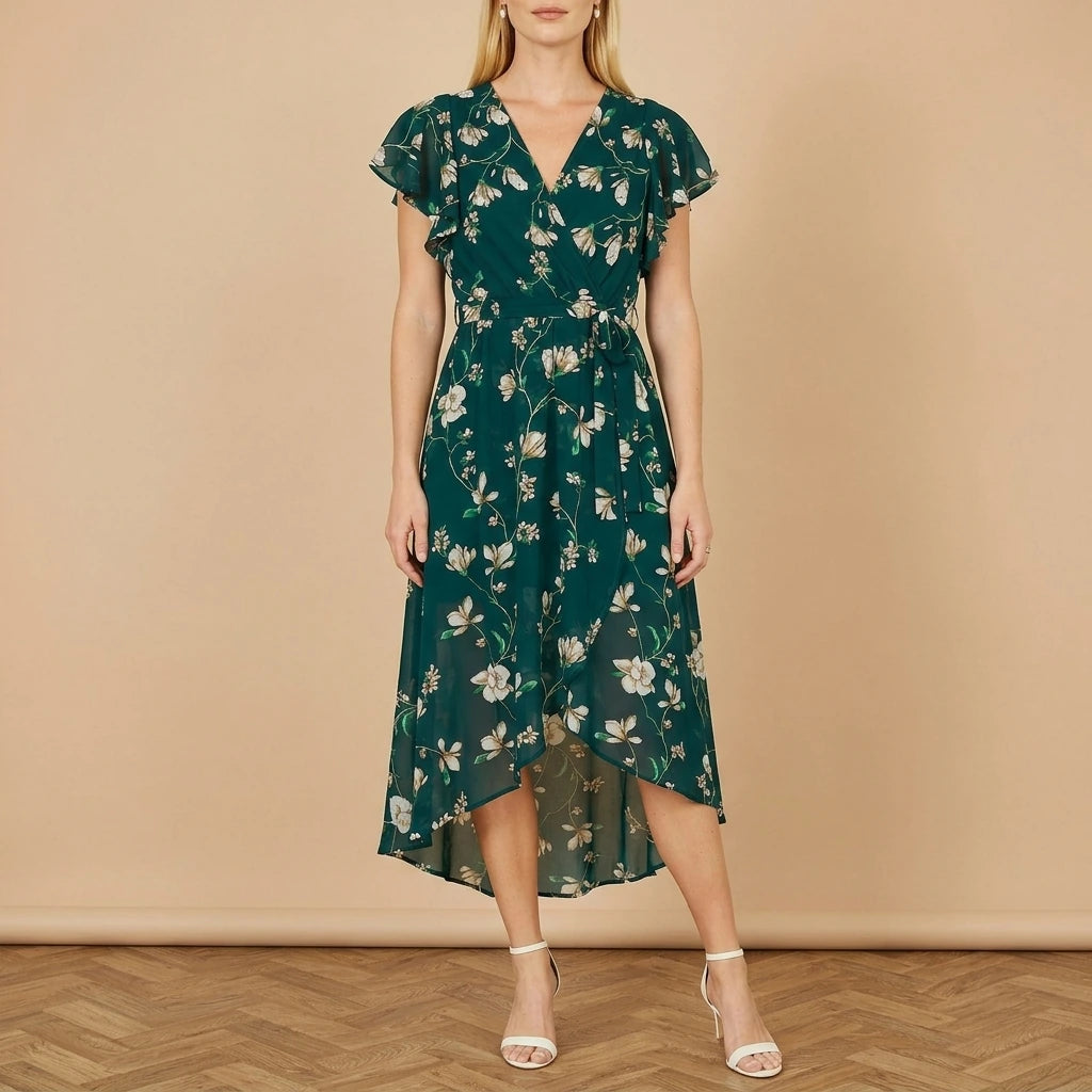 Yumi Green Floral Wrap Midi Dress With Frill Hem — variant_front