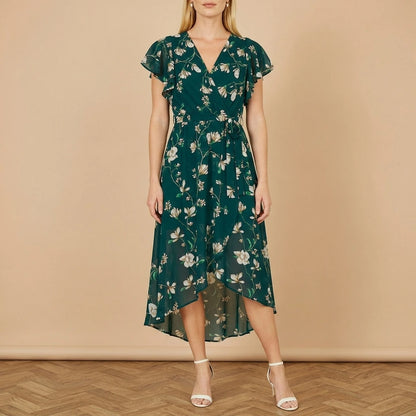 Yumi Green Floral Wrap Midi Dress With Frill Hem — variant_front