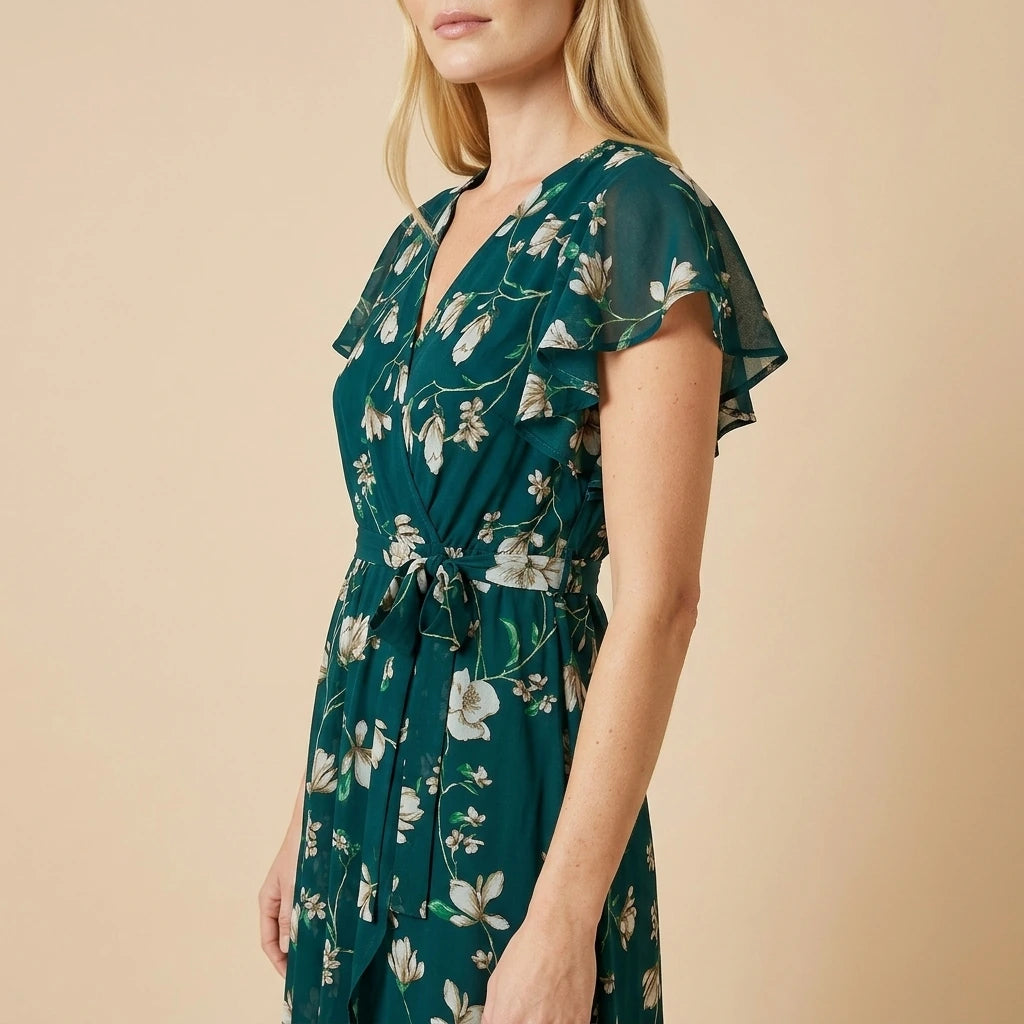 Yumi Green Floral Wrap Midi Dress With Frill Hem — variant_front