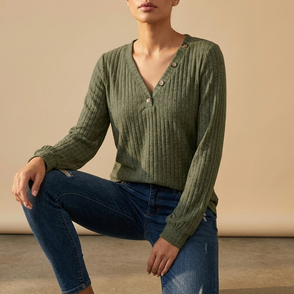 Autumn And Winter Items - Casual And Stylish Ribbed Brushed V-Neck Button Long-Sleeve Top, Perfect for Outings, Commuting, And Comfortable Everyday Wear — variant_front
