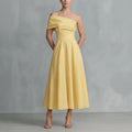 Square Neck Floral Charm Midi Dress One-Shoulder Asymmetric Neckline