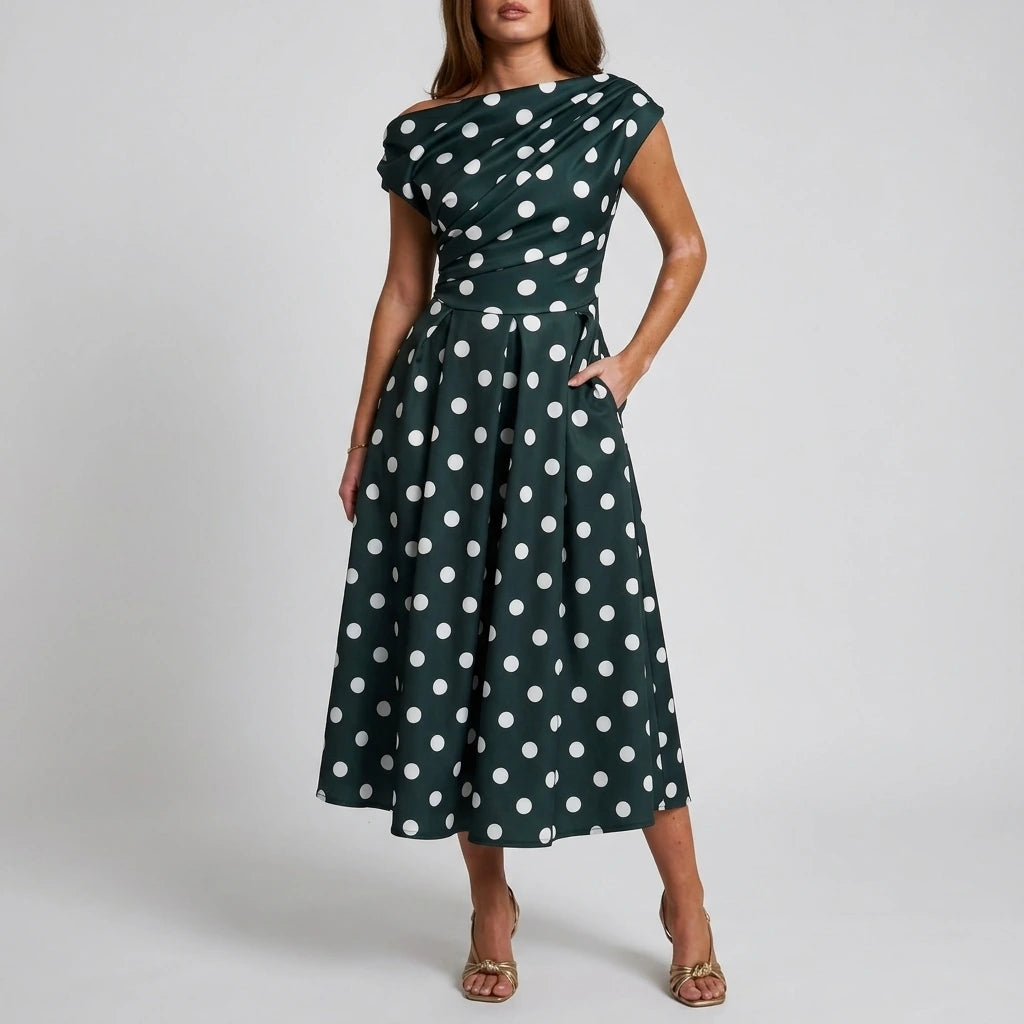 Betty Asymmetric Neckline Skater Midi Green Polka — variant_front