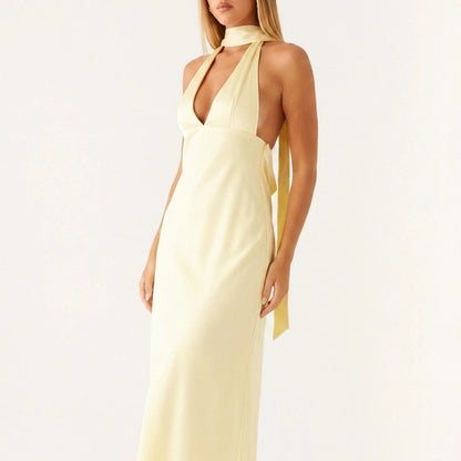 Alicia Satin Halter Maxi Dress - Yellow — variant_front