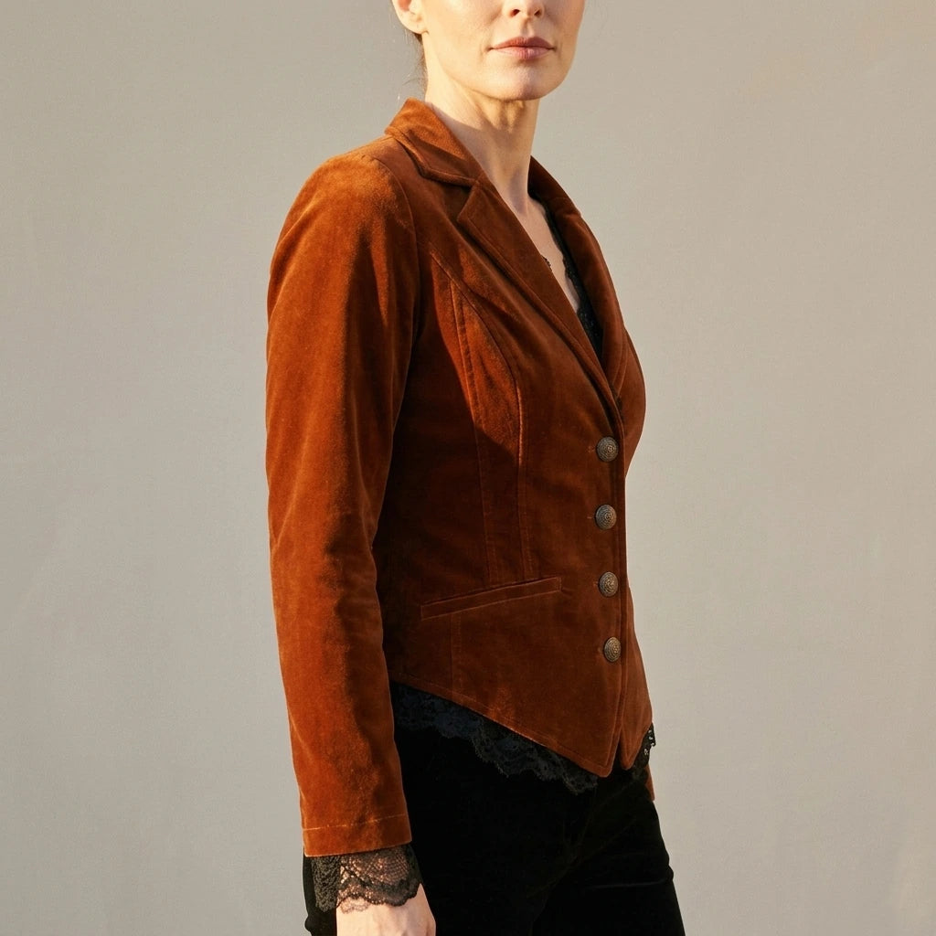 Women's Velvet Blazer with Lace Trimmed Cuffs - Wrenelle — variant_front
