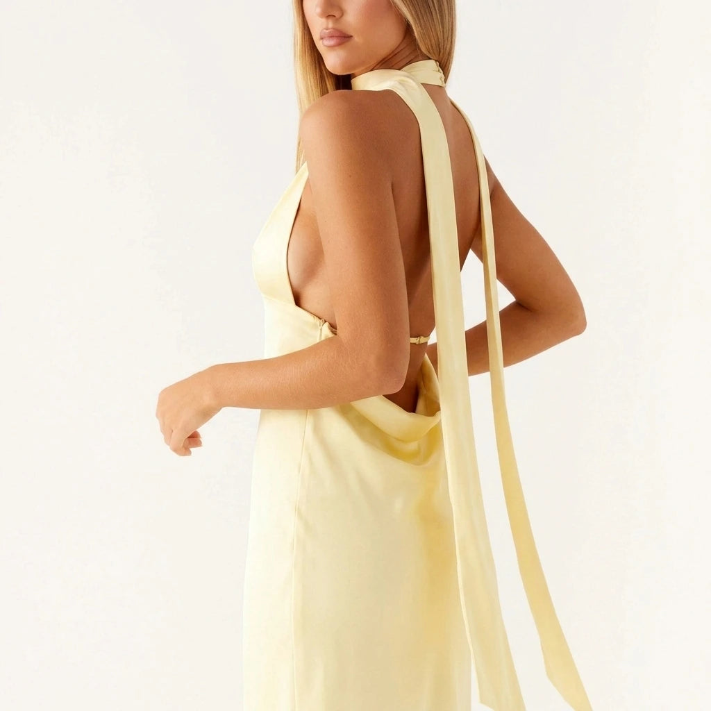 Alicia Satin Halter Maxi Dress - Yellow — variant_front
