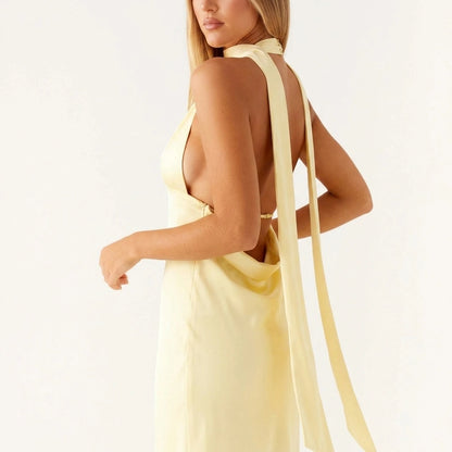Alicia Satin Halter Maxi Dress - Yellow — variant_front