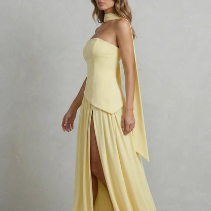 Celestara – Sculpted draped slit – Strapless maxi dress — variant_front