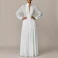 Linen Blend Maxi Shirt Dress With Stand Collar And Pockets