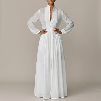 Linen Blend Maxi Shirt Dress with Stand Collar and Pockets for Women — variant_front