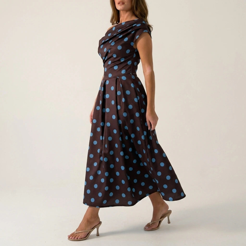 Betty Asymmetric Neckline Skater Midi Brown Polka — variant_front