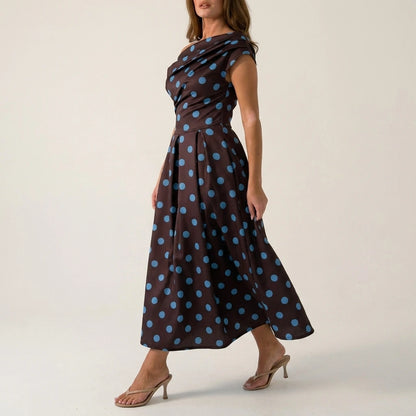 Betty Asymmetric Neckline Skater Midi Brown Polka — variant_front